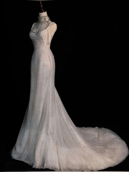 Fairytale Mermaid Straps Long Sequin Backless Wedding Dresses C814