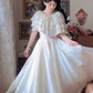 Chic Jewel Neck Ivory Prom Dress Tiered Short Sleeve A-Line Evening Dress C8151