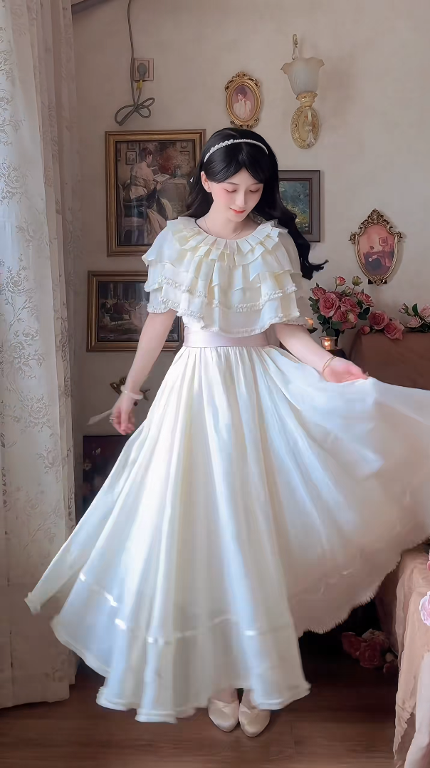 Chic Jewel Neck Ivory Prom Dress Tiered Short Sleeve A-Line Evening Dress C8151