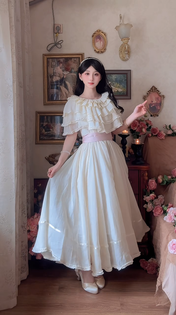 Chic Jewel Neck Ivory Prom Dress Tiered Short Sleeve A-Line Evening Dress C8151