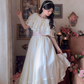 Chic Jewel Neck Ivory Prom Dress Tiered Short Sleeve A-Line Evening Dress C8151