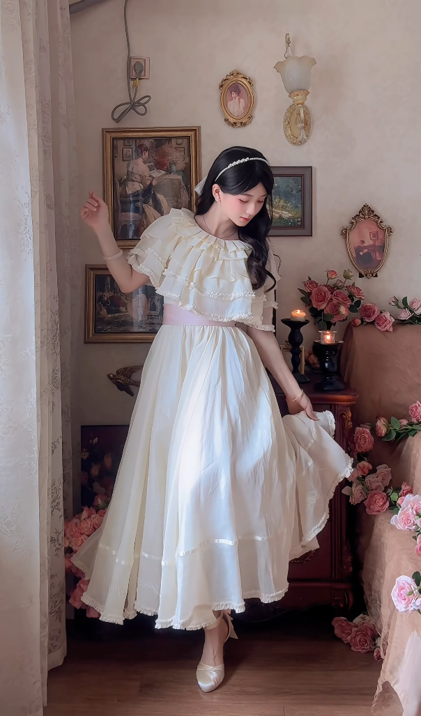 Chic Jewel Neck Ivory Prom Dress Tiered Short Sleeve A-Line Evening Dress C8151