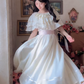 Chic Jewel Neck Ivory Prom Dress Tiered Short Sleeve A-Line Evening Dress C8151