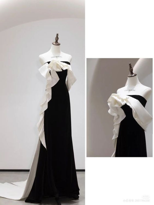 Sexy A Line Strapless Sleeveless Satin Black Long Prom Dress C816