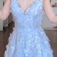 Sparkly Beaded Spaghetti Straps Blue Prom Dress Sequins Appliques A-Line Evening Dress C8160
