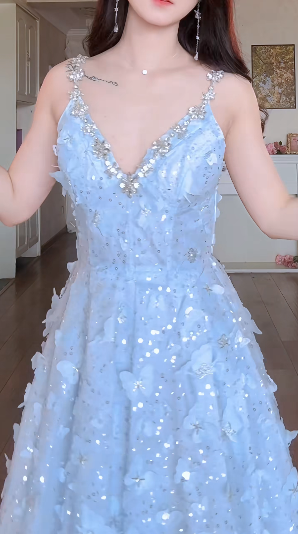 Sparkly Beaded Spaghetti Straps Blue Prom Dress Sequins Appliques A-Line Evening Dress C8160