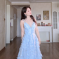 Sparkly Beaded Spaghetti Straps Blue Prom Dress Sequins Appliques A-Line Evening Dress C8160