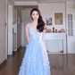 Sparkly Beaded Spaghetti Straps Blue Prom Dress Sequins Appliques A-Line Evening Dress C8160