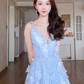 Sparkly Beaded Spaghetti Straps Blue Prom Dress Sequins Appliques A-Line Evening Dress C8160