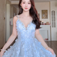 Sparkly Beaded Spaghetti Straps Blue Prom Dress Sequins Appliques A-Line Evening Dress C8160