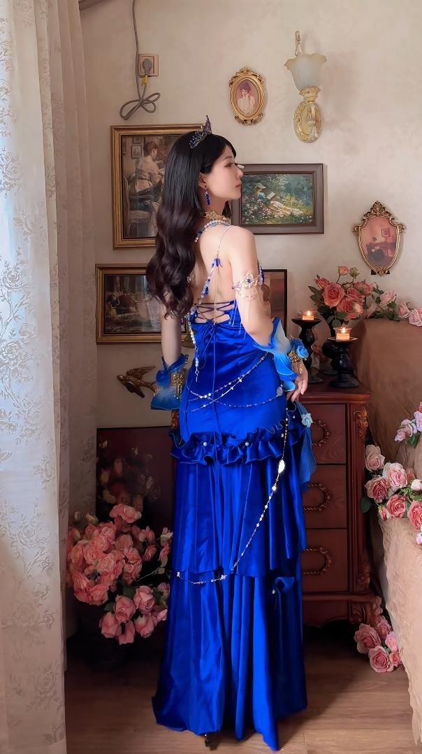 Robe de bal de princesse bustier à volants en satin long, robe de soirée C8117