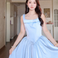 Charming Spaghetti Straps Blue Prom Dress Satin Bow A-Line Evening Dress C8164