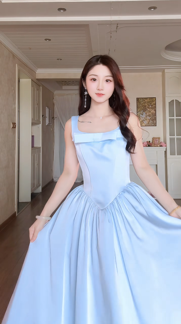 Charming Spaghetti Straps Blue Prom Dress Satin Bow A-Line Evening Dress C8164