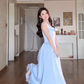Charming Spaghetti Straps Blue Prom Dress Satin Bow A-Line Evening Dress C8164