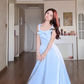 Charming Spaghetti Straps Blue Prom Dress Satin Bow A-Line Evening Dress C8164