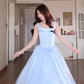 Charming Spaghetti Straps Blue Prom Dress Satin Bow A-Line Evening Dress C8164