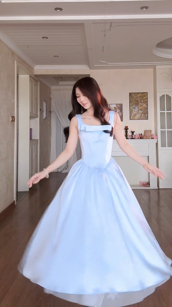 Charming Spaghetti Straps Blue Prom Dress Satin Bow A-Line Evening Dress C8164