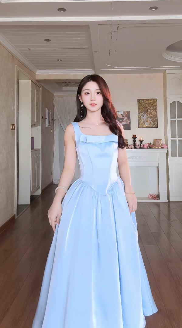 Charming Spaghetti Straps Blue Prom Dress Satin Bow A-Line Evening Dress C8164