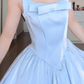 Charming Spaghetti Straps Blue Prom Dress Satin Bow A-Line Evening Dress C8164