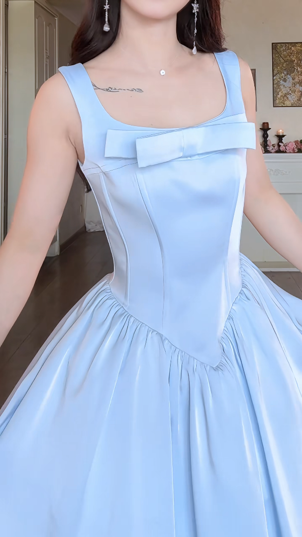Charming Spaghetti Straps Blue Prom Dress Satin Bow A-Line Evening Dress C8164