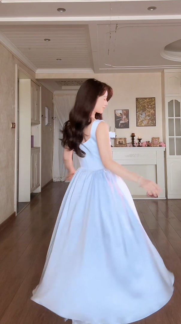 Charming Spaghetti Straps Blue Prom Dress Satin Bow A-Line Evening Dress C8164