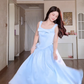 Charming Spaghetti Straps Blue Prom Dress Satin Bow A-Line Evening Dress C8164