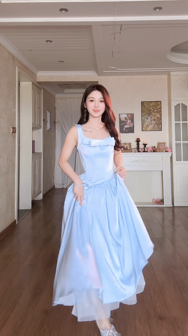 Charming Spaghetti Straps Blue Prom Dress Satin Bow A-Line Evening Dress C8164