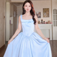 Charming Spaghetti Straps Blue Prom Dress Satin Bow A-Line Evening Dress C8164