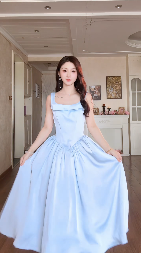 Charming Spaghetti Straps Blue Prom Dress Satin Bow A-Line Evening Dress C8164