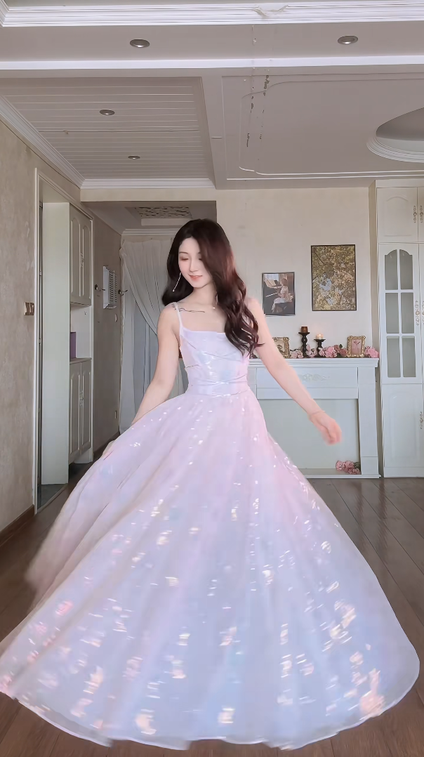 Glamorous Spaghetti Straps Light Pink Prom Dress Sequins A-Line Evening Dress C8166