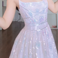 Glamorous Spaghetti Straps Light Pink Prom Dress Sequins A-Line Evening Dress C8166