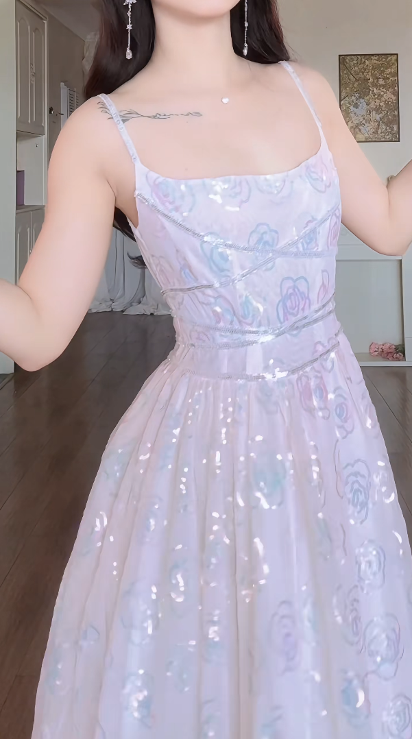 Glamorous Spaghetti Straps Light Pink Prom Dress Sequins A-Line Evening Dress C8166