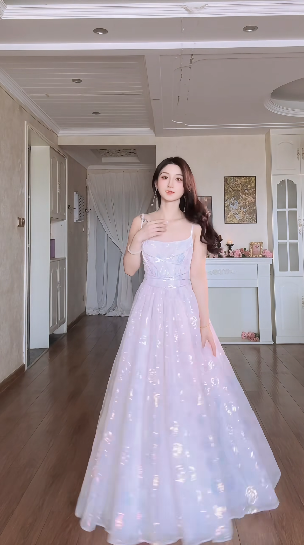 Glamorous Spaghetti Straps Light Pink Prom Dress Sequins A-Line Evening Dress C8166