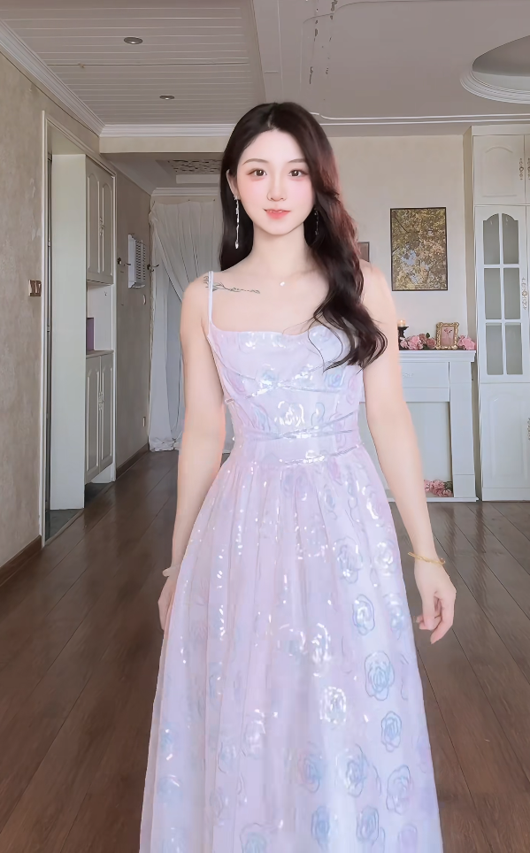Glamorous Spaghetti Straps Light Pink Prom Dress Sequins A-Line Evening Dress C8166