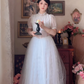 Chic A-Line White Prom Dress Lace Tulle Short Sleeve Evening Dress C8167
