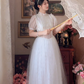 Chic A-Line White Prom Dress Lace Tulle Short Sleeve Evening Dress C8167