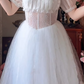 Chic A-Line White Prom Dress Lace Tulle Short Sleeve Evening Dress C8167