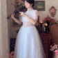 Chic A-Line White Prom Dress Lace Tulle Short Sleeve Evening Dress C8167