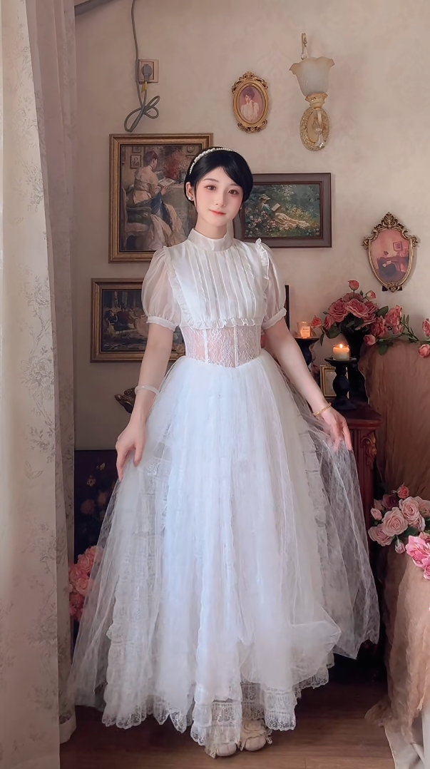 Chic A-Line White Prom Dress Lace Tulle Short Sleeve Evening Dress C8167