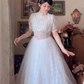Chic A-Line White Prom Dress Lace Tulle Short Sleeve Evening Dress C8167