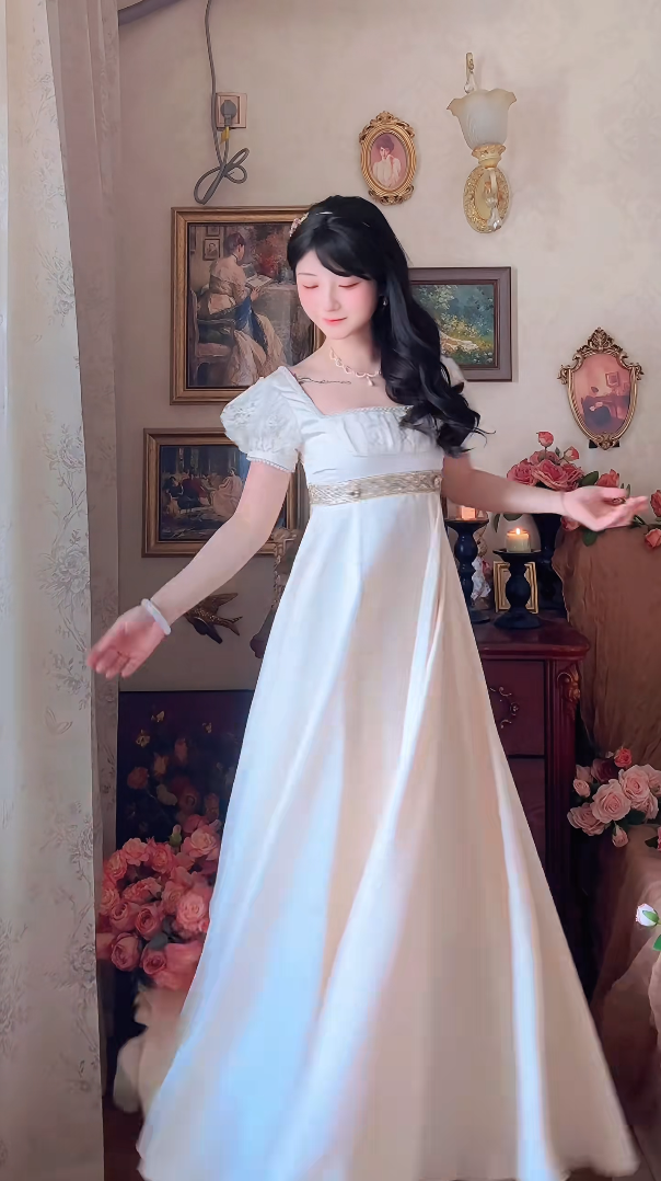 Graceful Jacquard A-Line Ivory Prom Dress Lace Short Sleeve Evening Dress C8168