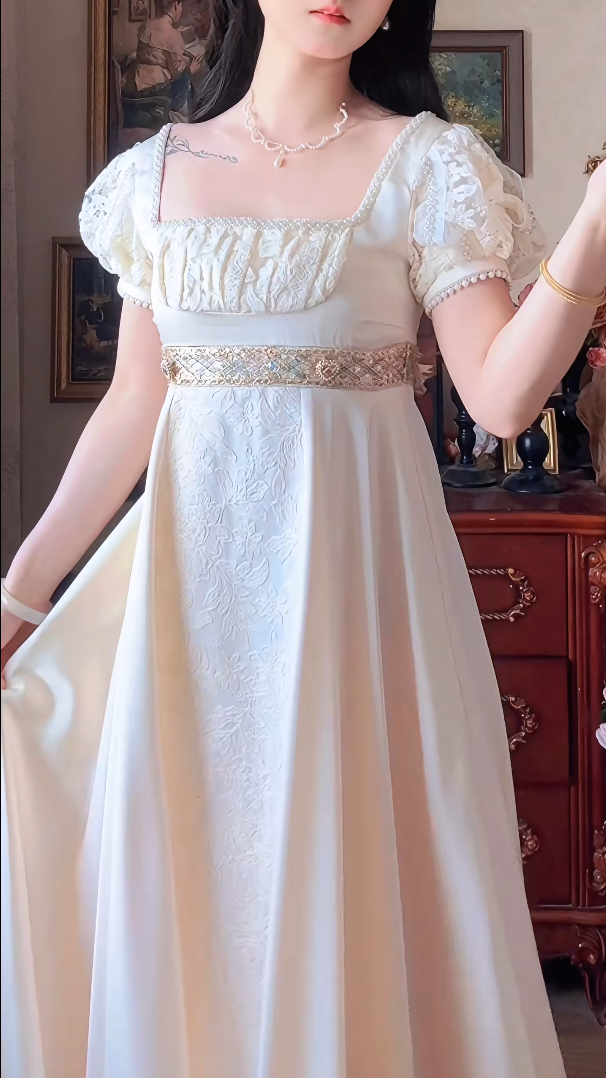 Graceful Jacquard A-Line Ivory Prom Dress Lace Short Sleeve Evening Dress C8168