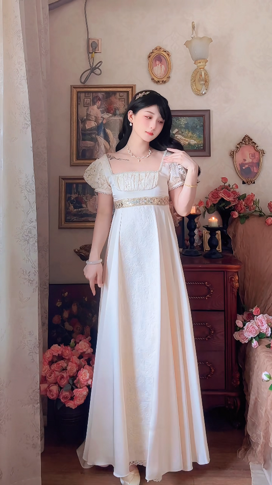 Graceful Jacquard A-Line Ivory Prom Dress Lace Short Sleeve Evening Dress C8168