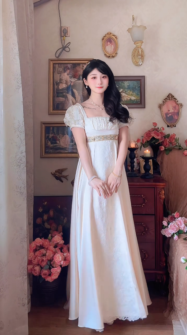 Graceful Jacquard A-Line Ivory Prom Dress Lace Short Sleeve Evening Dress C8168