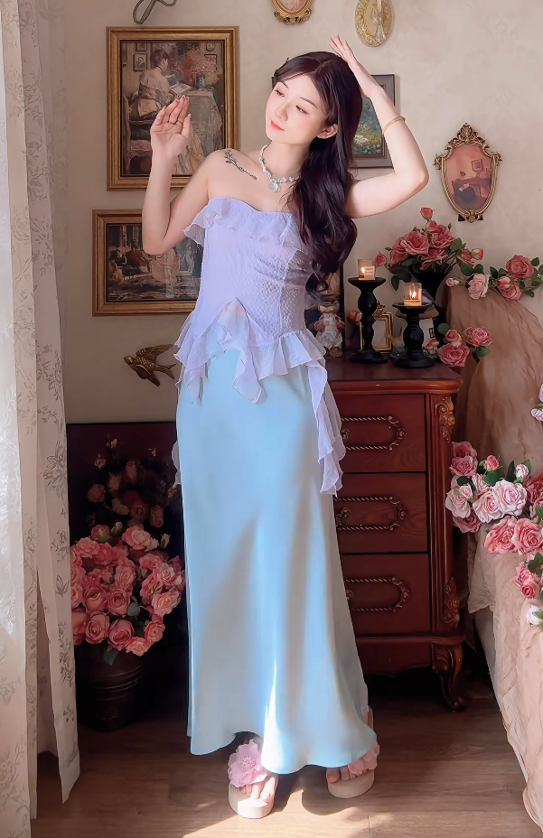 Robe de bal de princesse bustier à volants en satin long, robe de soirée C8117
