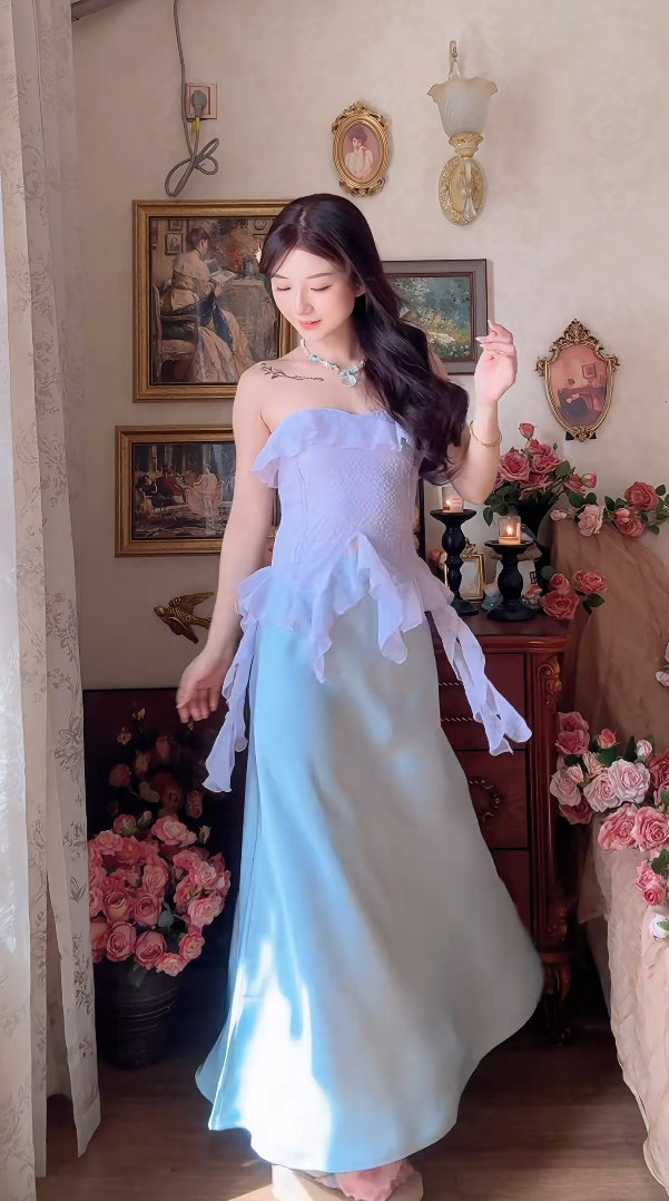 Robe de bal de princesse bustier à volants en satin long, robe de soirée C8117