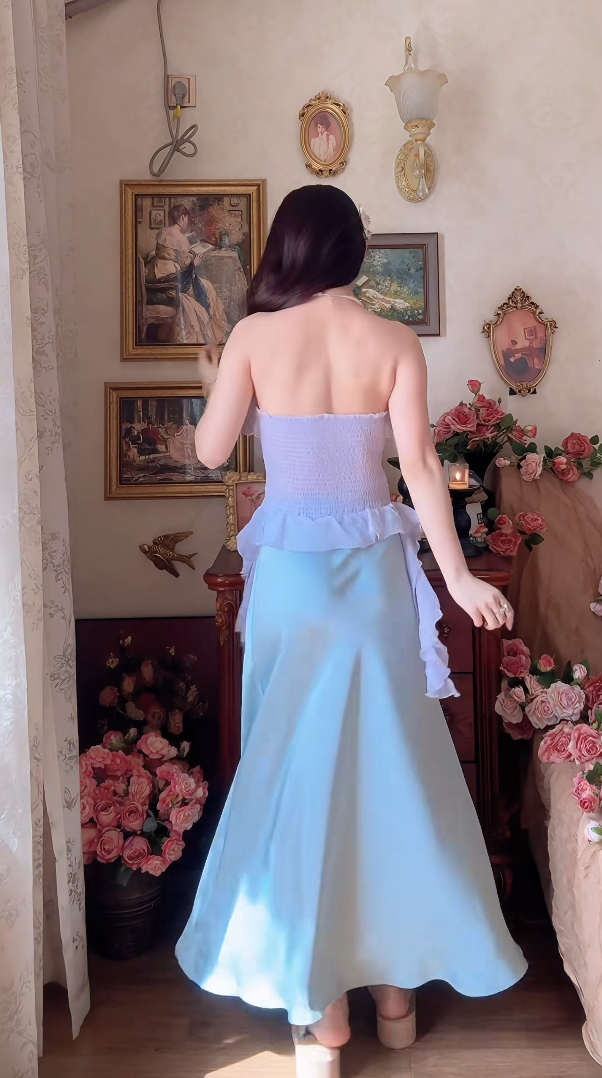 Robe de bal de princesse bustier à volants en satin long, robe de soirée C8117