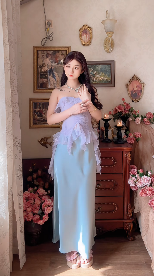 Robe de bal de princesse bustier à volants en satin long, robe de soirée C8117