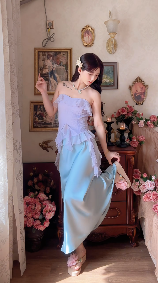 Robe de bal de princesse bustier à volants en satin long, robe de soirée C8117