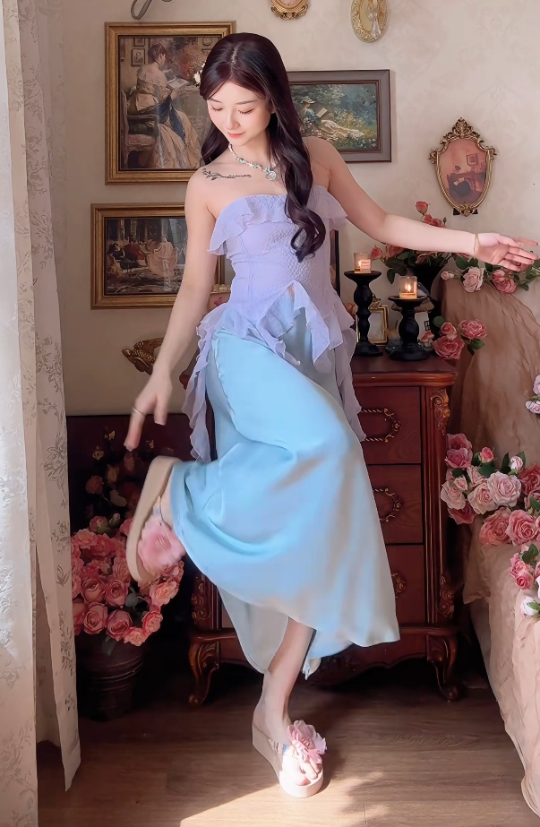 Robe de bal de princesse bustier à volants en satin long, robe de soirée C8117